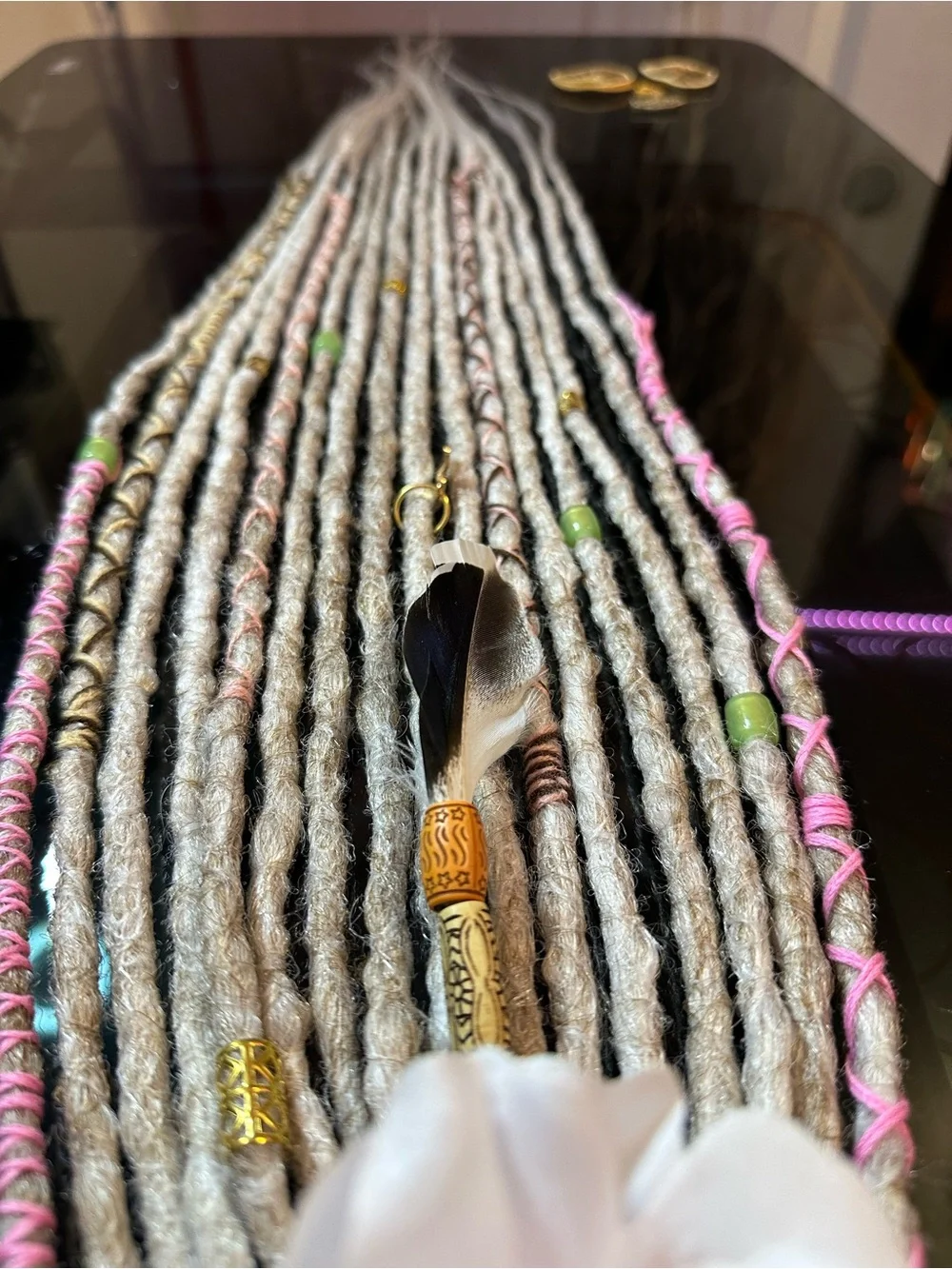 Boho Gray & Pink Synthetic Dreadlock Hair Wraps with Bead Accents
